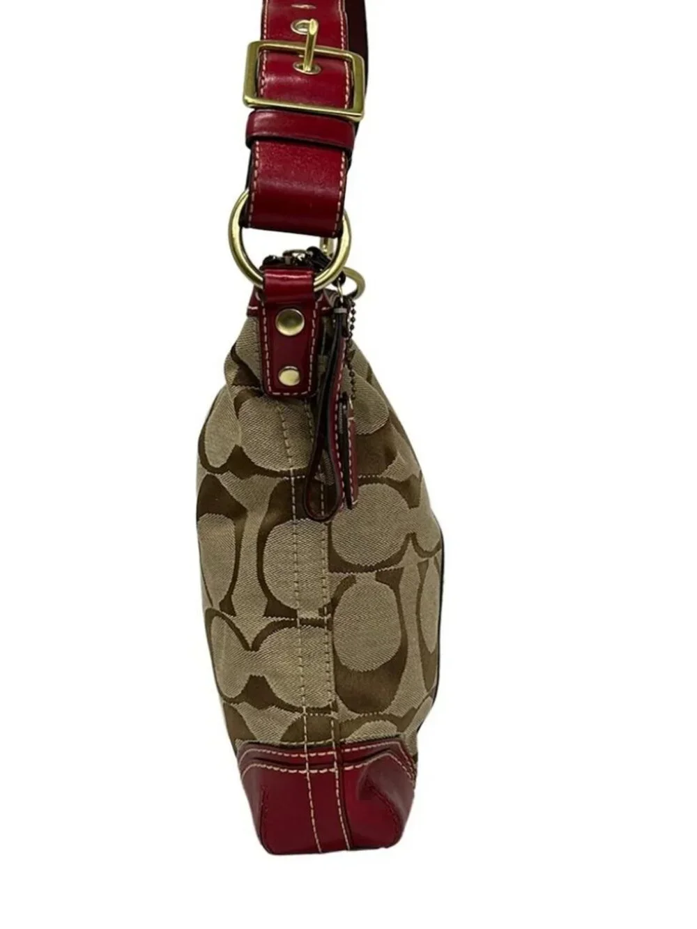 COACH Hampton Stripe Medium Duffle Shoulder Bag 10542 Dark Brown Beige Bordeaux